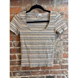 LOFT • Yellow/Gray Striped Scoop Neck Short Sleeve Stretchy Cotton Tshirt • Ladi